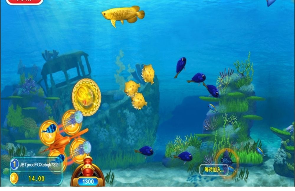 捕魚機遊戲畫面，高倍率射擊與金幣獎勵