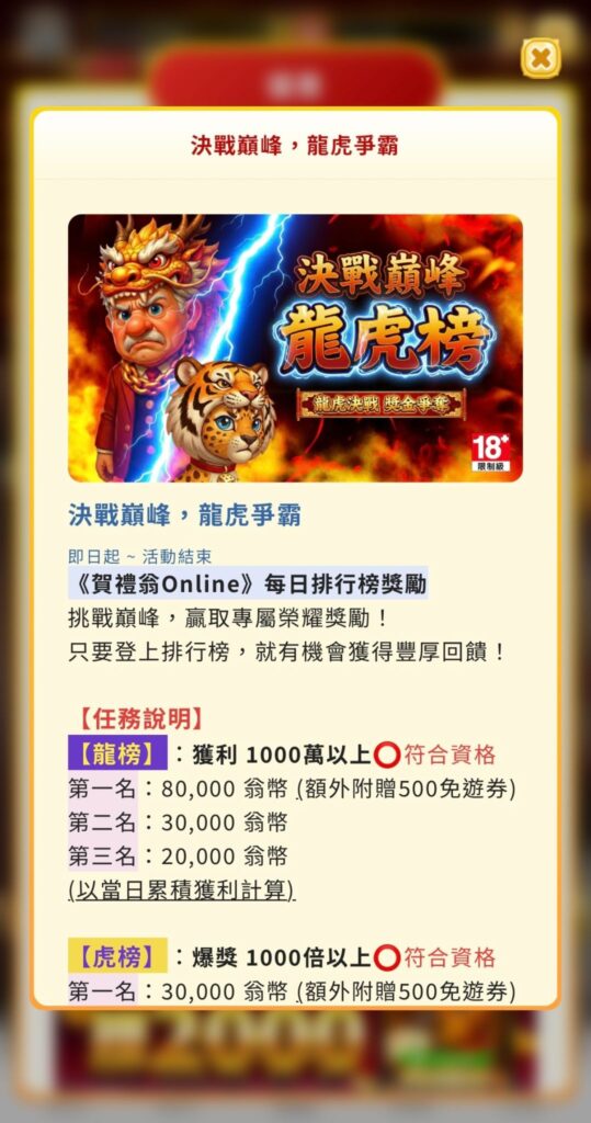 賀禮翁娛樂城龍虎榜活動，競賽排行與獎勵機制說明