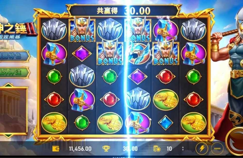 2026 老虎機實測:RTP 與波動率怎麼看?熱門機台選台攻略 雷神之鎚2盤面畫面,BONUS符號與寶石連線排列