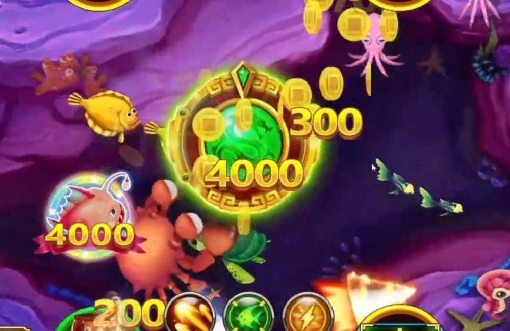 捕魚機遊戲高倍率金幣魚畫面，顯示 4000 倍與金幣掉落特效