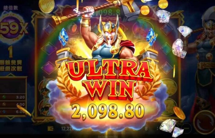 雷神之鎚2老虎機ULTRA WIN畫面，高額獎金爆發與雷神角色