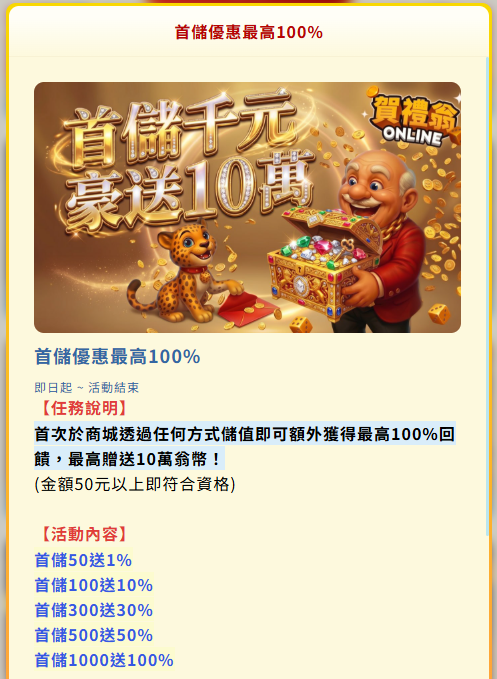 賀禮翁LINE娛樂城好不好玩?從玩家評價到首儲優惠一次看懂 賀禮翁LINE娛樂城首儲100%活動畫面,新手儲值優惠與高額贈幣