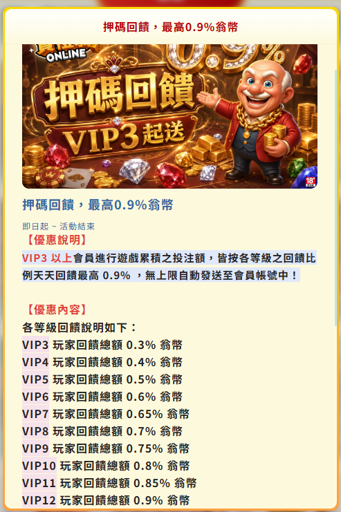 賀禮翁LINE娛樂城優惠怎麼領?首儲與VIP回饋最搭配遊戲推薦 賀禮翁LINE娛樂城押碼回饋活動,VIP會員返水福利說明