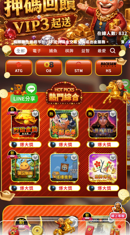 賀禮翁娛樂城熱門遊戲大廳畫面，包含老虎機、捕魚機與熱門電子遊戲分類